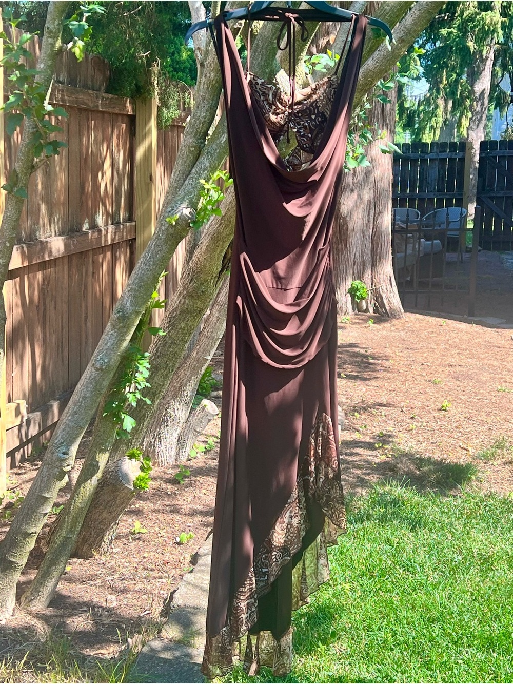 Vintage Y2k Kitty Salsa Cowl Dress Ruffle 70’s clubbin brown paisley maxi midi M